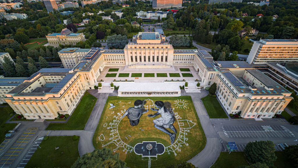 The fresco "World in Progress" by the artist SAYPE in the courtyard of the Palais des Nations in Geneva